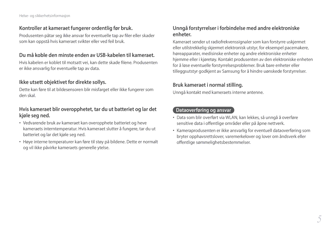 Samsung EV-NX3000BOHSE, EV-NX3000BOJDK manual Dataoverføring og ansvar, Unngå kontakt med kameraets interne antenne 