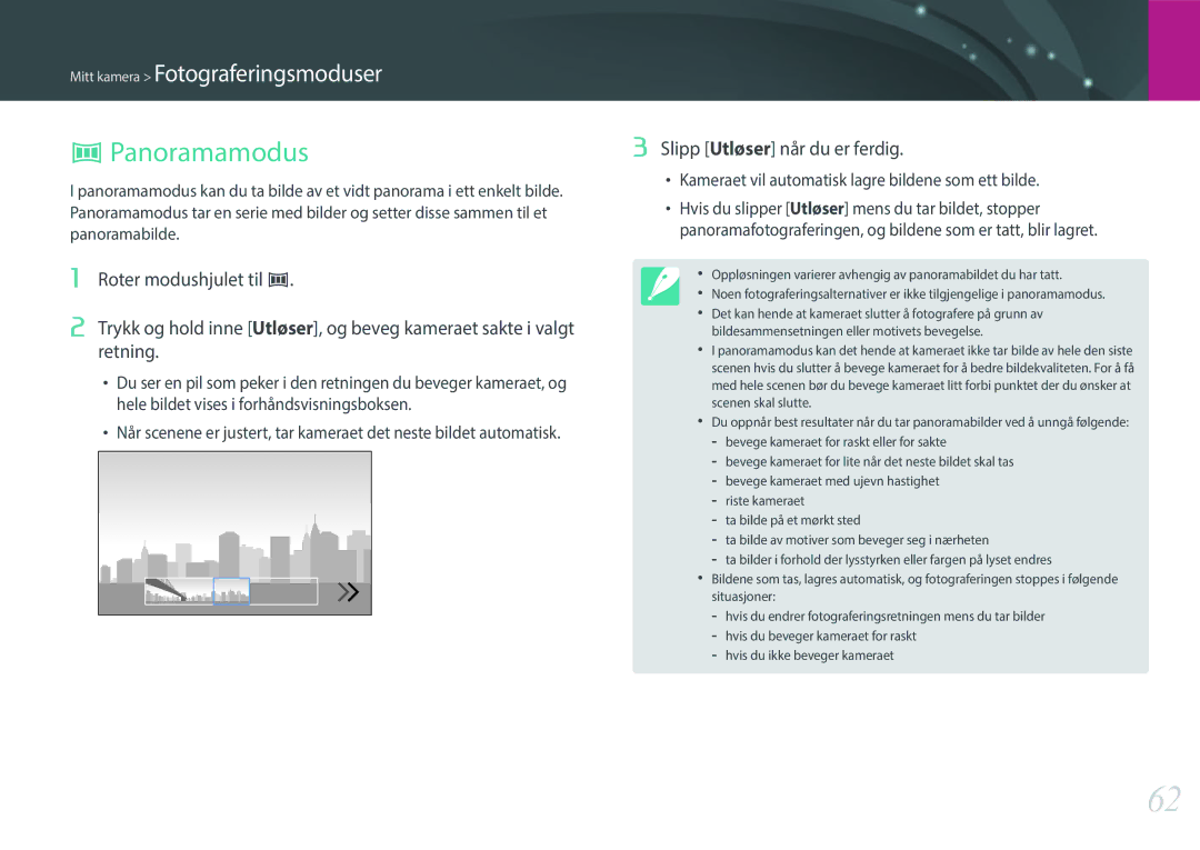 Samsung EV-NX3000BOHDK, EV-NX3000BOHSE, EV-NX3000BOJDK, EV-NX3000BOJSE manual Panoramamodus, Slipp Utløser når du er ferdig 