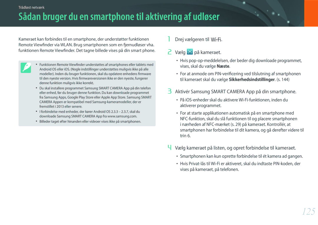 Samsung EV-NX3000BOHSE, EV-NX3000BOJDK, EV-NX3000BOJSE manual Sådan bruger du en smartphone til aktivering af udløser, 125 