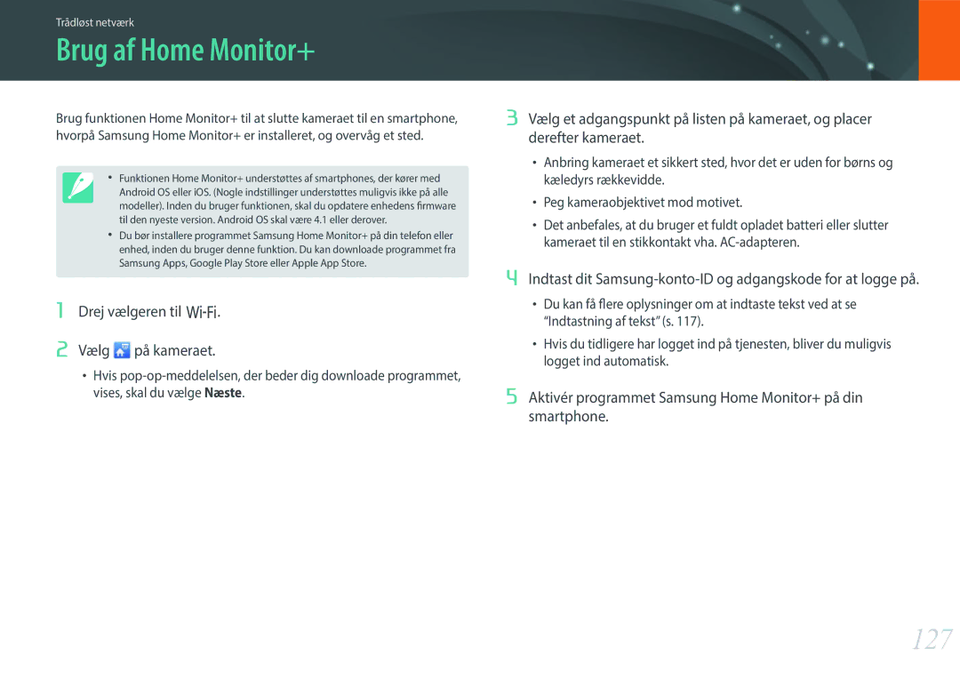 Samsung EV-NX3000BOJSE manual Brug af Home Monitor+, 127, Indtast dit Samsung-konto-ID og adgangskode for at logge på 