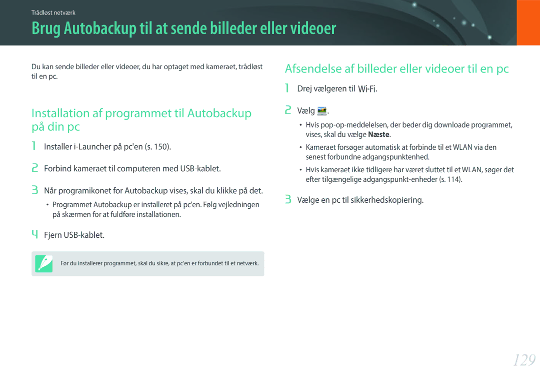 Samsung EV-NX3000BOIDK, EV-NX3000BOHSE, EV-NX3000BOJDK manual Brug Autobackup til at sende billeder eller videoer, 129 
