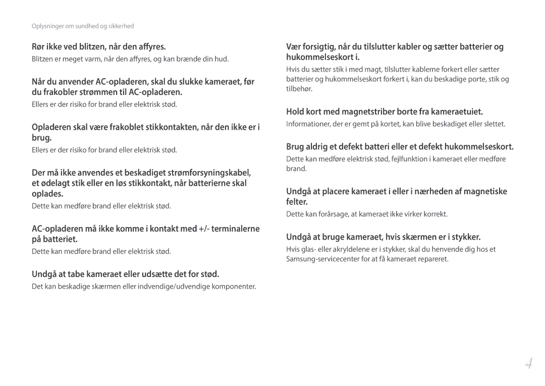 Samsung EV-NX3000BOISE manual Rør ikke ved blitzen, når den affyres, Undgå at tabe kameraet eller udsætte det for stød 