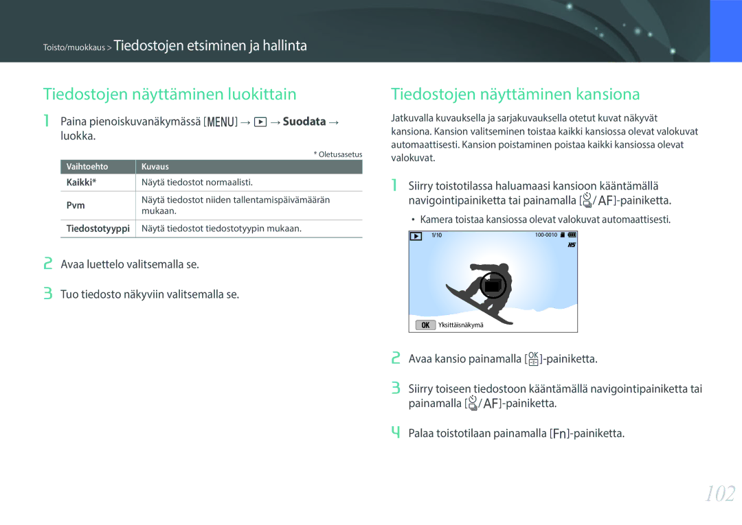 Samsung EV-NX3000BOJDK, EV-NX3000BOHSE manual 102, Tiedostojen näyttäminen luokittain, Tiedostojen näyttäminen kansiona 