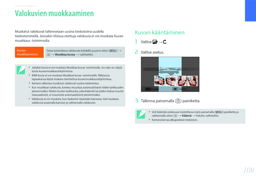 Samsung EV-NX3000BOJSE, EV-NX3000BOHSE manual Valokuvien muokkaaminen, 109, Kuvan kääntäminen, Valitse Valitse asetus 