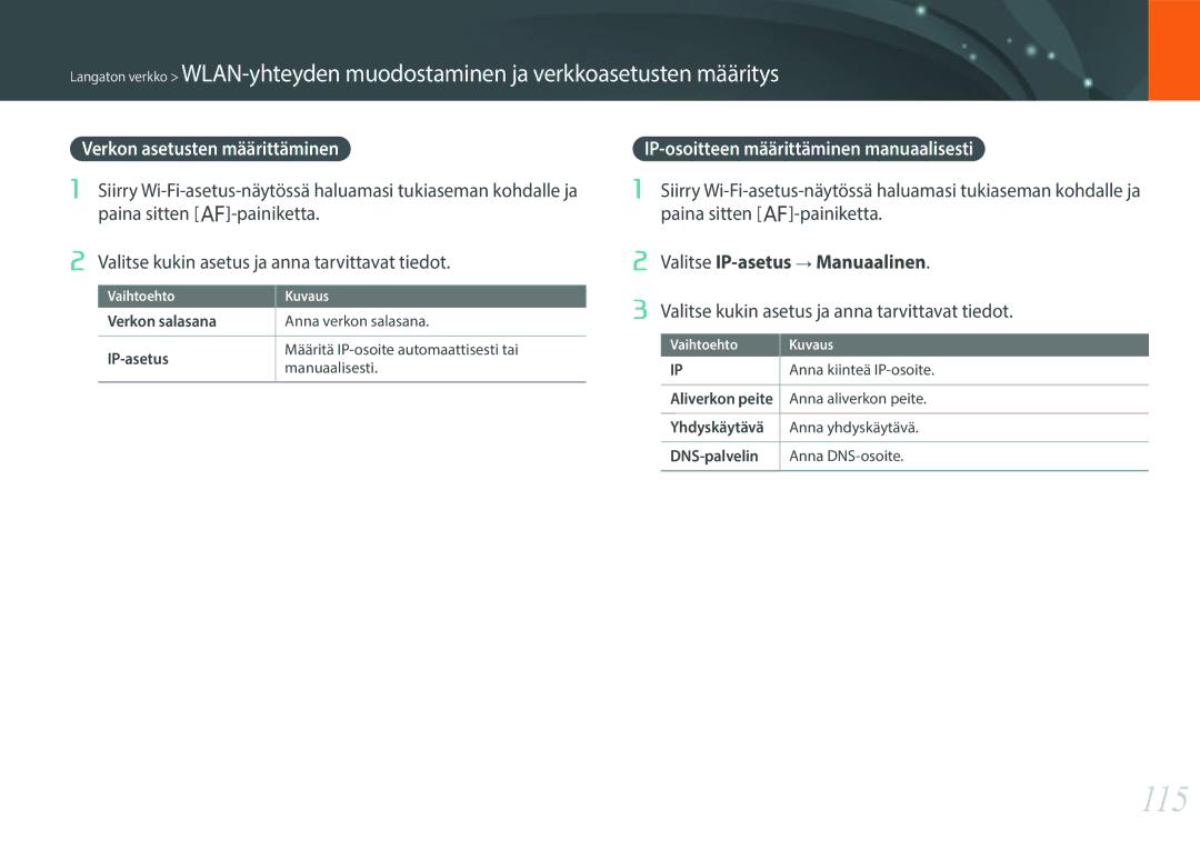 Samsung EV-NX3000BOJSE, EV-NX3000BOHSE manual 115, Verkon asetusten määrittäminen, IP-osoitteen määrittäminen manuaalisesti 