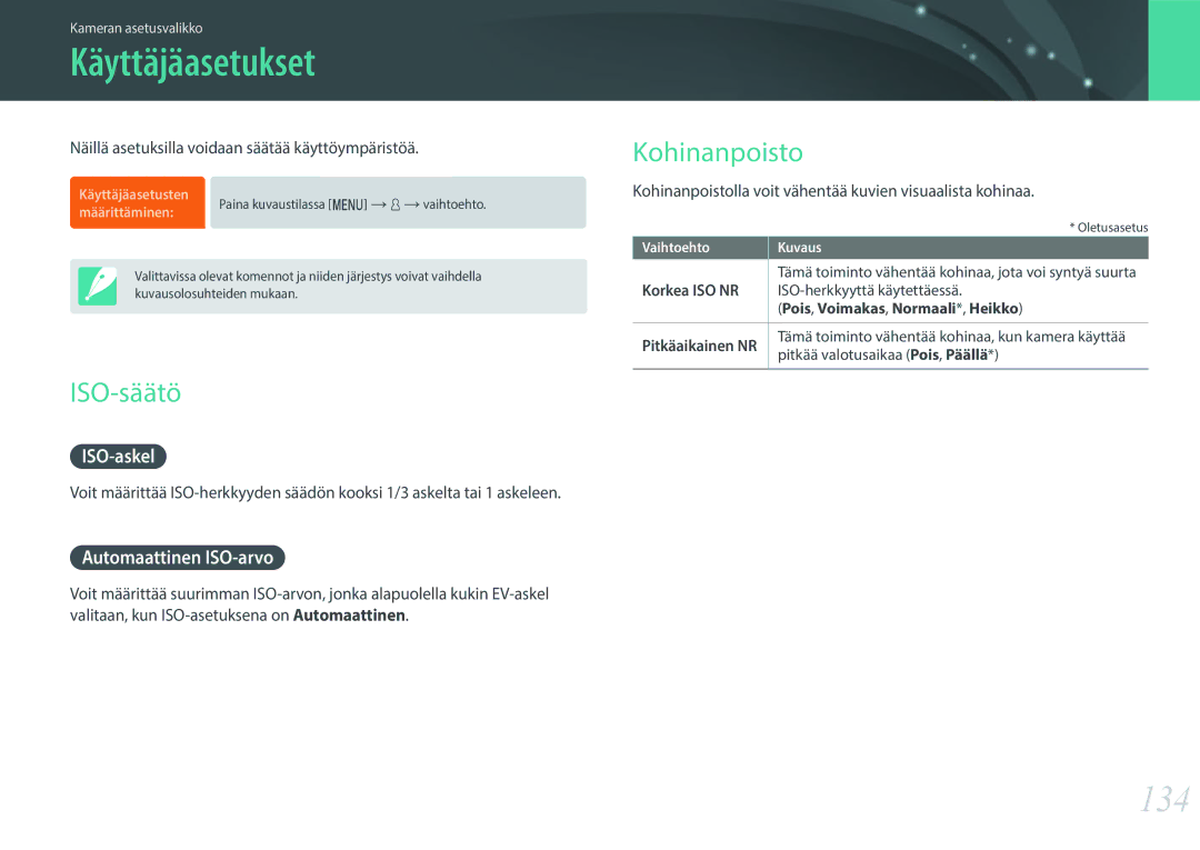 Samsung EV-NX3000BOHDK, EV-NX3000BOHSE, EV-NX3000BOJDK, EV-NX3000BOJSE manual Käyttäjäasetukset, 134, ISO-säätö, Kohinanpoisto 