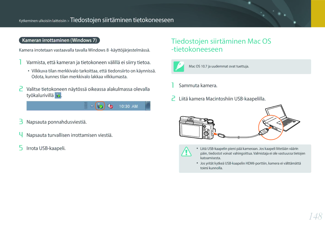 Samsung EV-NX3000BOISE, EV-NX3000BOHSE 148, Tiedostojen siirtäminen Mac OS -tietokoneeseen, Kameran irrottaminen Windows 