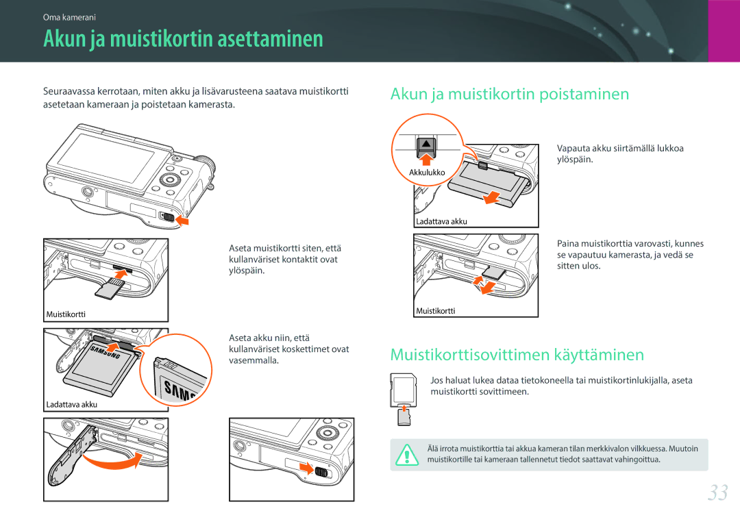 Samsung EV-NX3000BOIDK, EV-NX3000BOHSE, EV-NX3000BOJDK Akun ja muistikortin poistaminen, Muistikorttisovittimen käyttäminen 