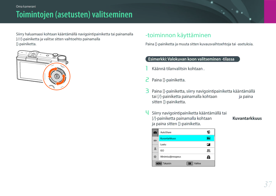 Samsung EV-NX3000BOJSE, EV-NX3000BOHSE manual Toiminnon käyttäminen, Esimerkki Valokuvan koon valitseminen P-tilassa 