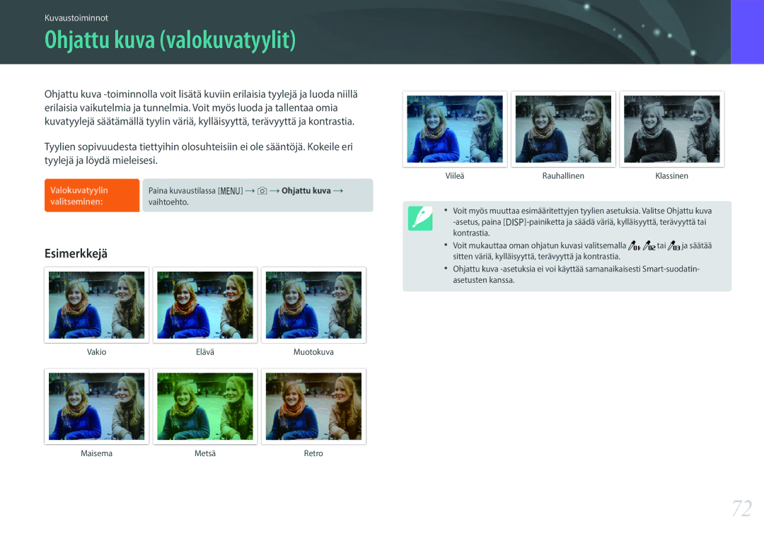 Samsung EV-NX3000BOJDK, EV-NX3000BOHSE, EV-NX3000BOJSE, EV-NX3000BOHDK manual Ohjattu kuva valokuvatyylit, Esimerkkejä 
