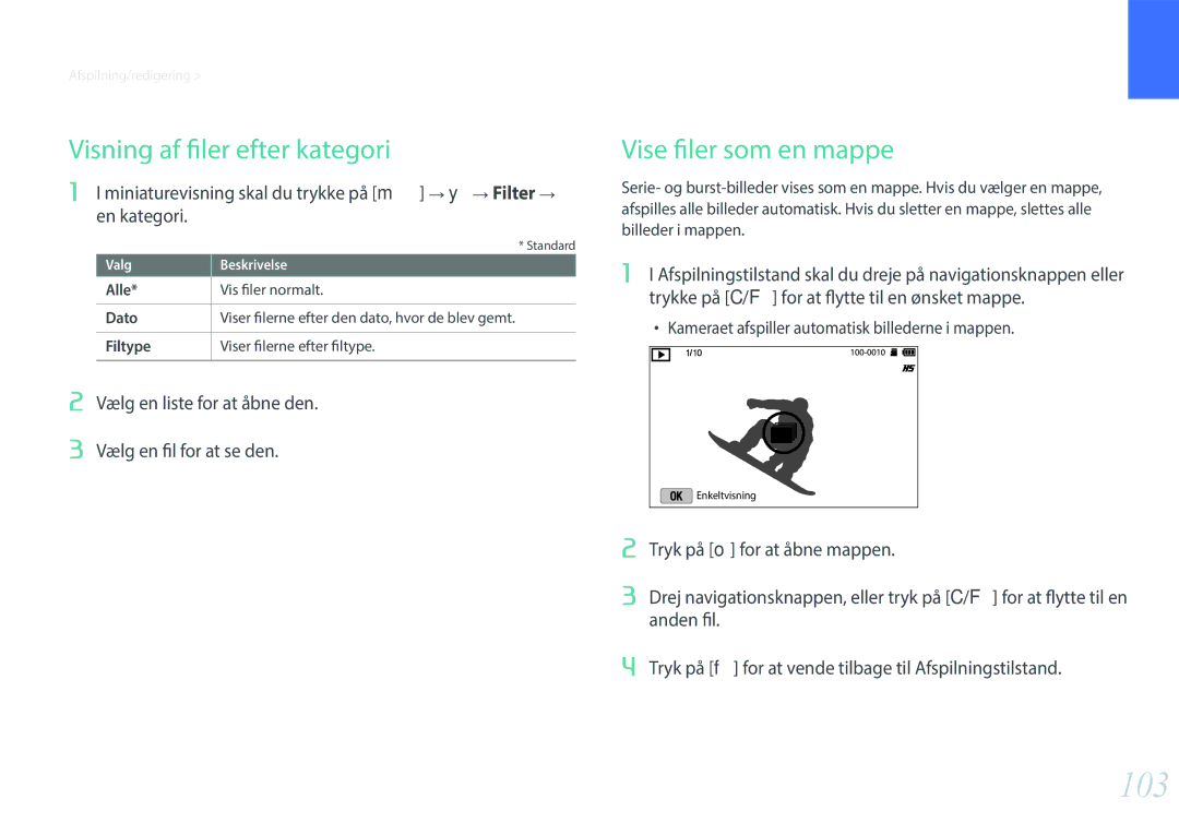 Samsung EV-NX3000BOJSE, EV-NX3000BOHSE manual 103, Visning af filer efter kategori Vise filer som en mappe, En kategori 