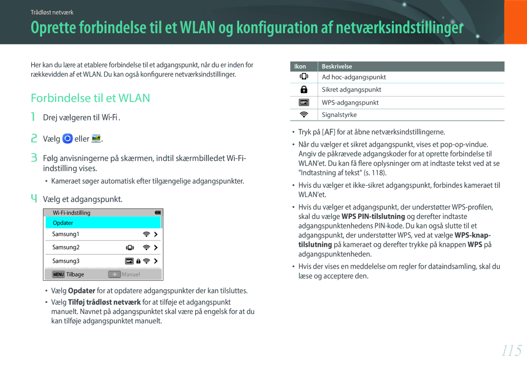 Samsung EV-NX3000BOHDK, EV-NX3000BOHSE, EV-NX3300BOBSE, EV-NX3000BOJDK 115, Forbindelse til et Wlan, Vælg et adgangspunkt 