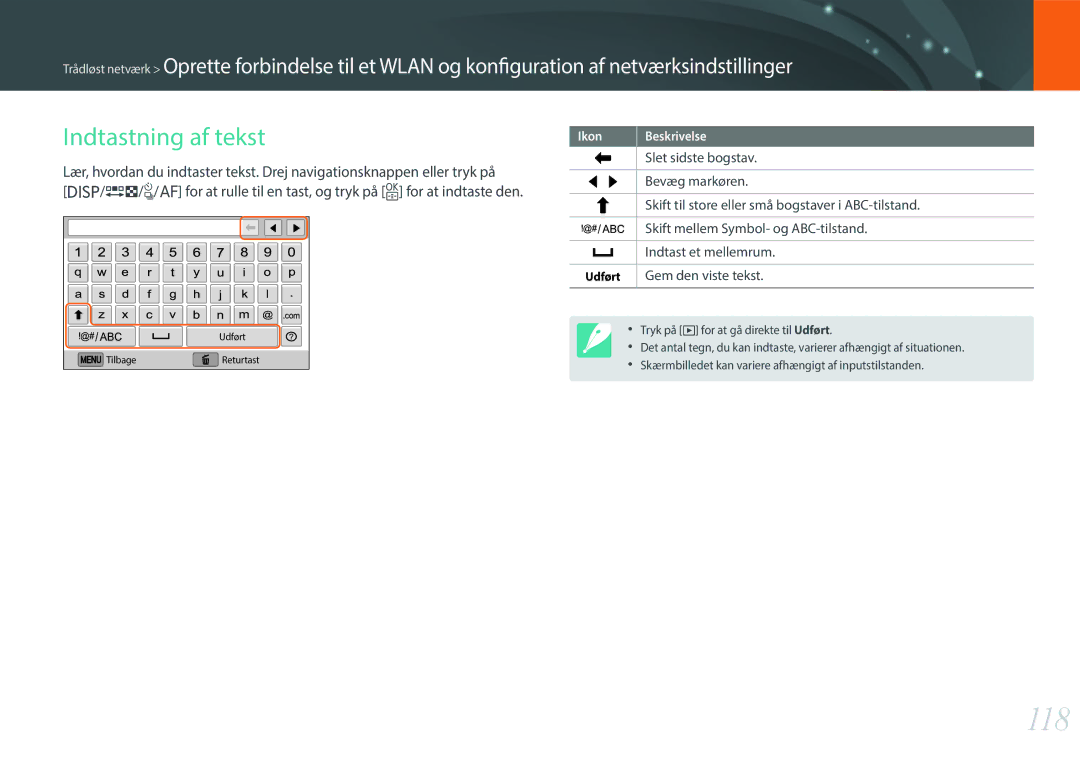 Samsung EV-NX3300BOBDK, EV-NX3000BOHSE, EV-NX3300BOBSE, EV-NX3000BOJDK, EV-NX3300BOWDK manual 118, Indtastning af tekst 