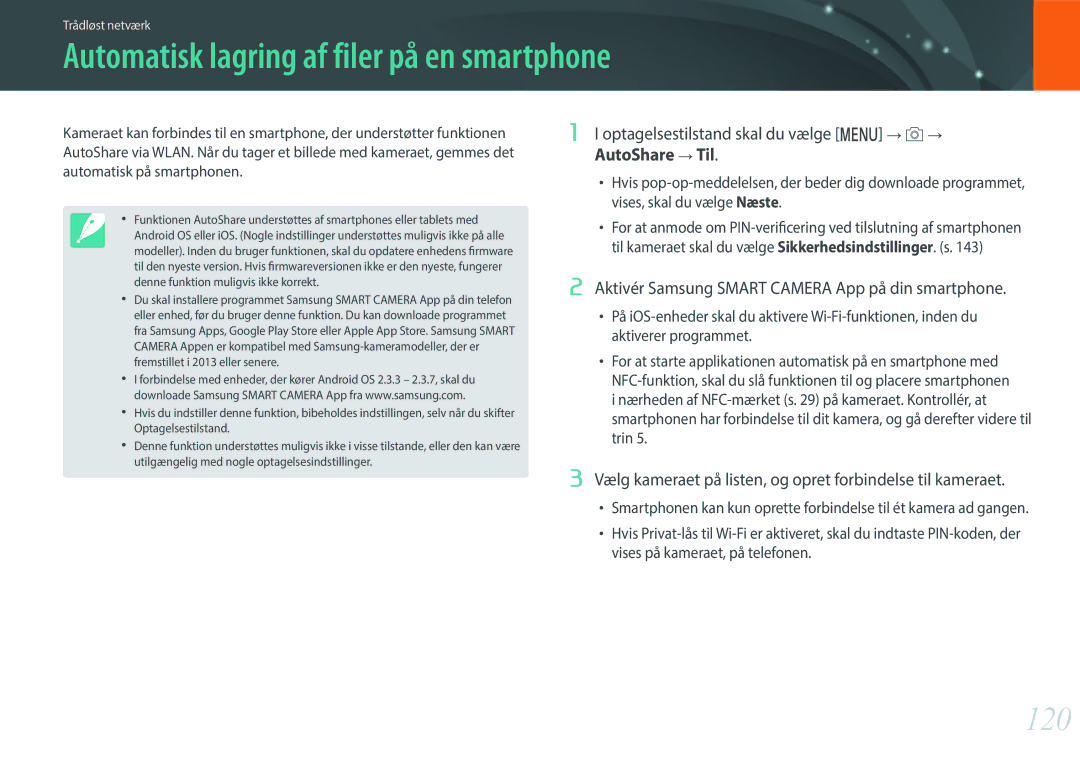 Samsung EV-NX3300BOBSE manual Automatisk lagring af filer på en smartphone, 120, Optagelsestilstand skal du vælge m → b→ 