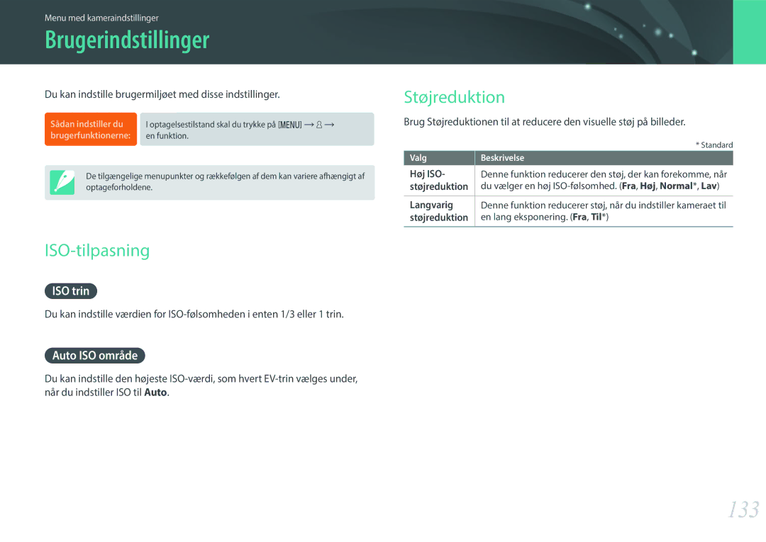 Samsung EV-NX3000BOJSE, EV-NX3000BOHSE, EV-NX3300BOBSE manual Brugerindstillinger, 133, ISO-tilpasning, Støjreduktion 