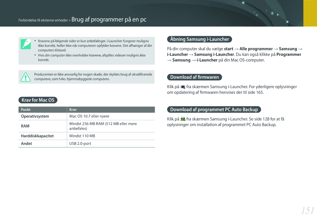 Samsung EV-NX3000BOJDK, EV-NX3000BOHSE manual 151, Krav for Mac OS, Åbning Samsung i-Launcher, Download af firmwaren 