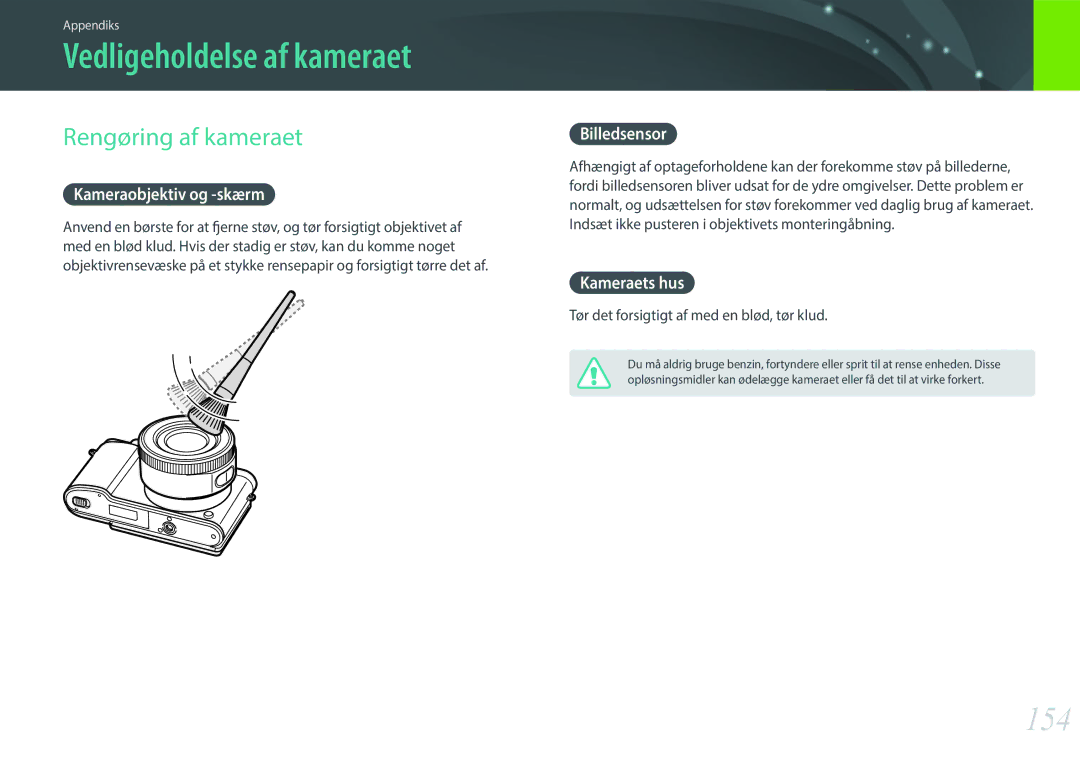 Samsung EV-NX3300BOWSE, EV-NX3000BOHSE, EV-NX3300BOBSE manual Vedligeholdelse af kameraet, 154, Rengøring af kameraet 