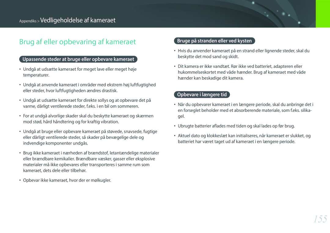 Samsung EV-NX3000BOHDK manual 155, Brug af eller opbevaring af kameraet, Upassende steder at bruge eller opbevare kameraet 