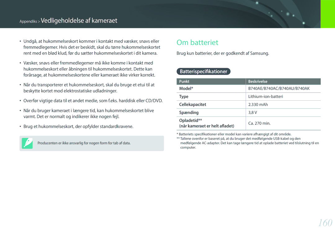 Samsung EV-NX3300BOBSE, EV-NX3000BOHSE, EV-NX3000BOJDK, EV-NX3300BOWDK manual 160, Om batteriet, Batterispecifikationer 