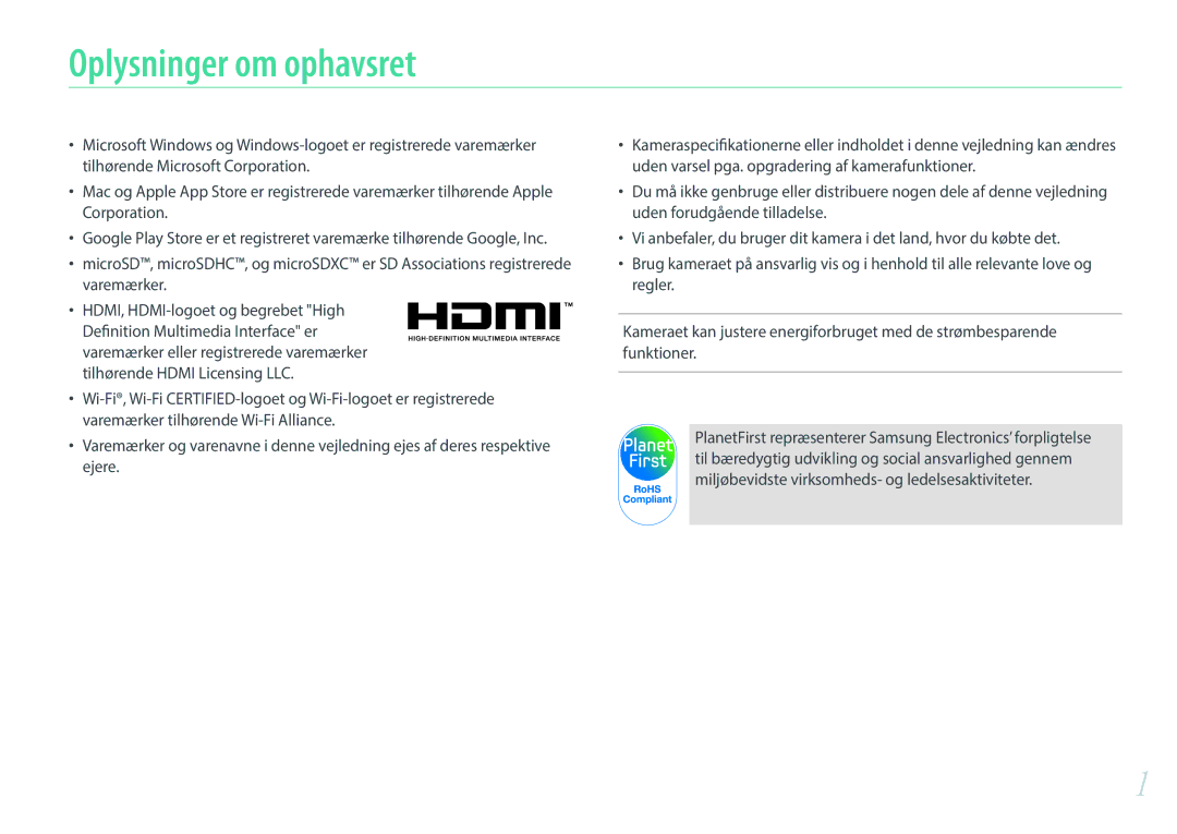 Samsung EV-NX3000BOJDK, EV-NX3000BOHSE, EV-NX3300BOBSE, EV-NX3300BOWDK, EV-NX3000BOJSE manual Oplysninger om ophavsret 