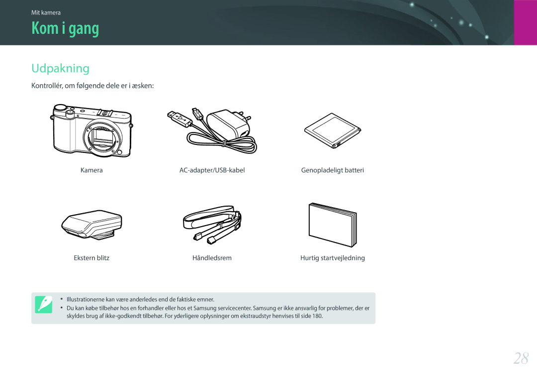 Samsung EV-NX3300BOBDK, EV-NX3000BOHSE manual Kom i gang, Udpakning, Kamera AC-adapter/USB-kabel, Ekstern blitz Håndledsrem 