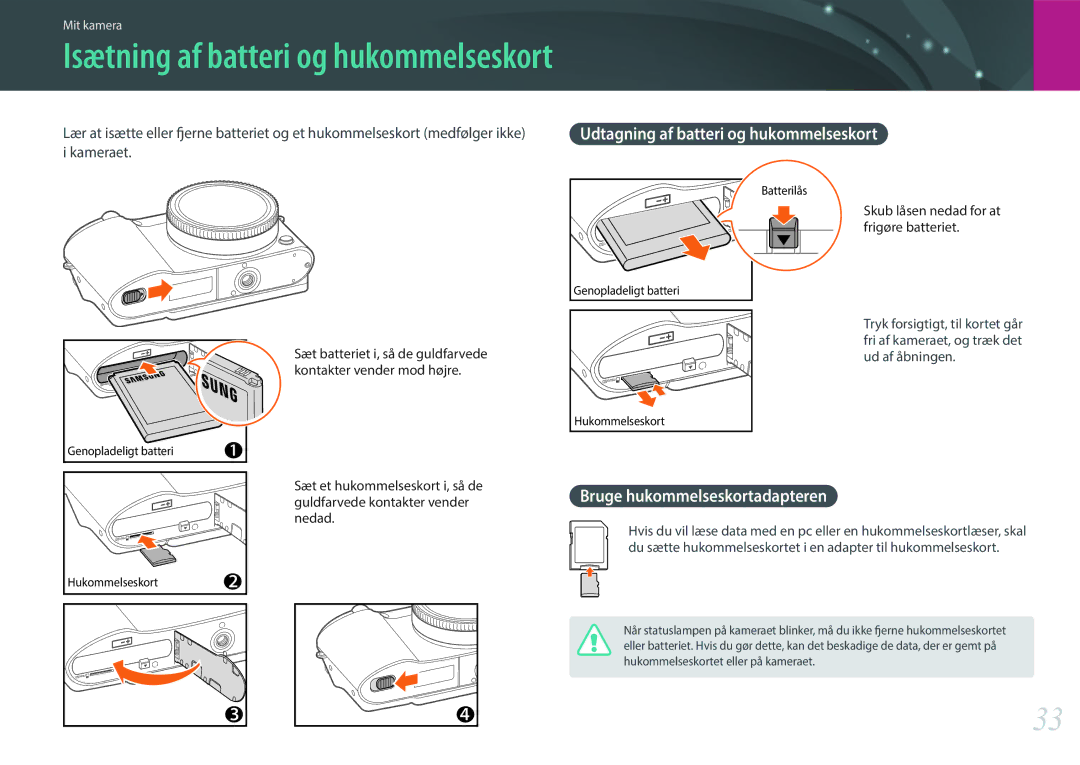 Samsung EV-NX3000BOJSE, EV-NX3000BOHSE Isætning af batteri og hukommelseskort, Udtagning af batteri og hukommelseskort 