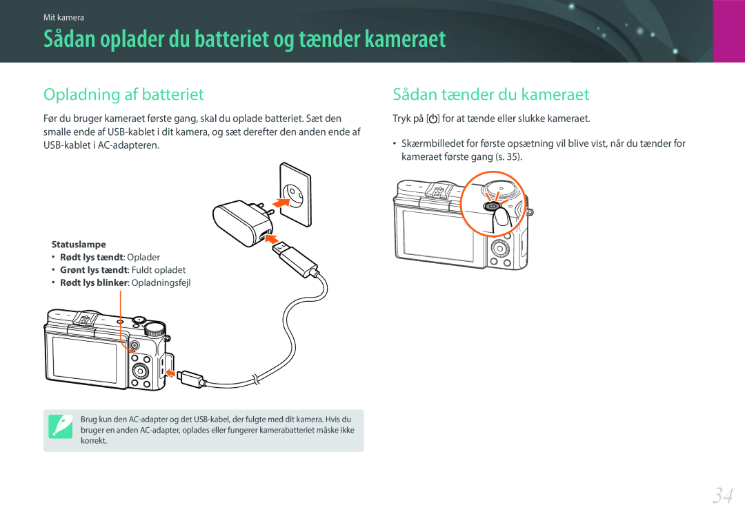 Samsung EV-NX3300BOWSE Sådan oplader du batteriet og tænder kameraet, Opladning af batteriet, Sådan tænder du kameraet 