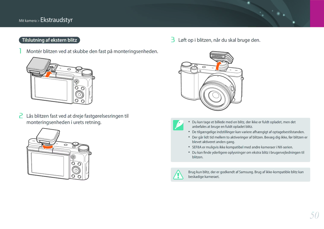 Samsung EV-NX3300BOBSE, EV-NX3000BOHSE, EV-NX3000BOJDK manual Montér blitzen ved at skubbe den fast på monteringsenheden 