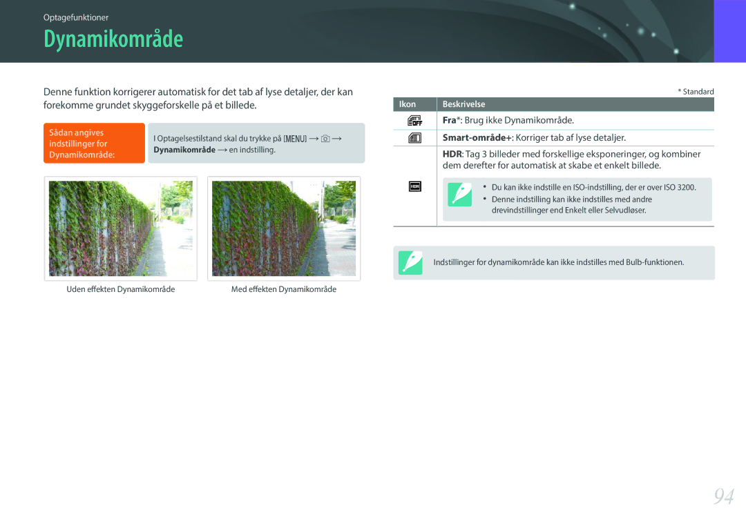 Samsung EV-NX3300BOWSE, EV-NX3000BOHSE manual Fra* Brug ikke Dynamikområde, Smart-område+ Korriger tab af lyse detaljer 
