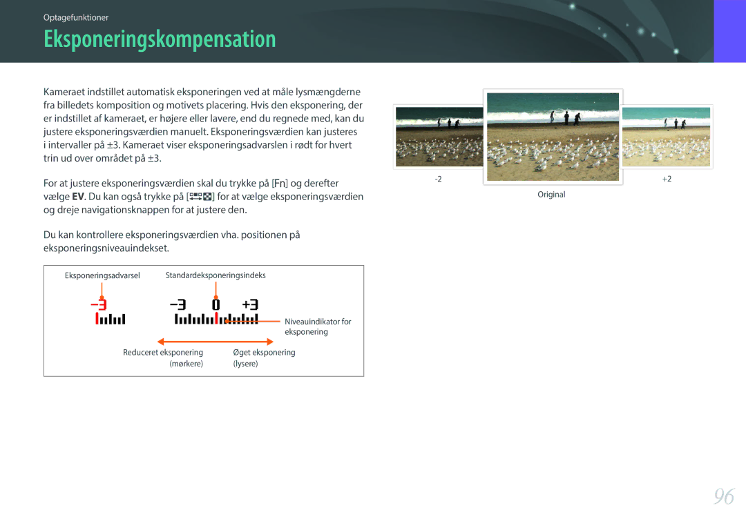Samsung EV-NX3000BOIDK, EV-NX3000BOHSE, EV-NX3300BOBSE, EV-NX3000BOJDK, EV-NX3300BOWDK manual Eksponeringskompensation 