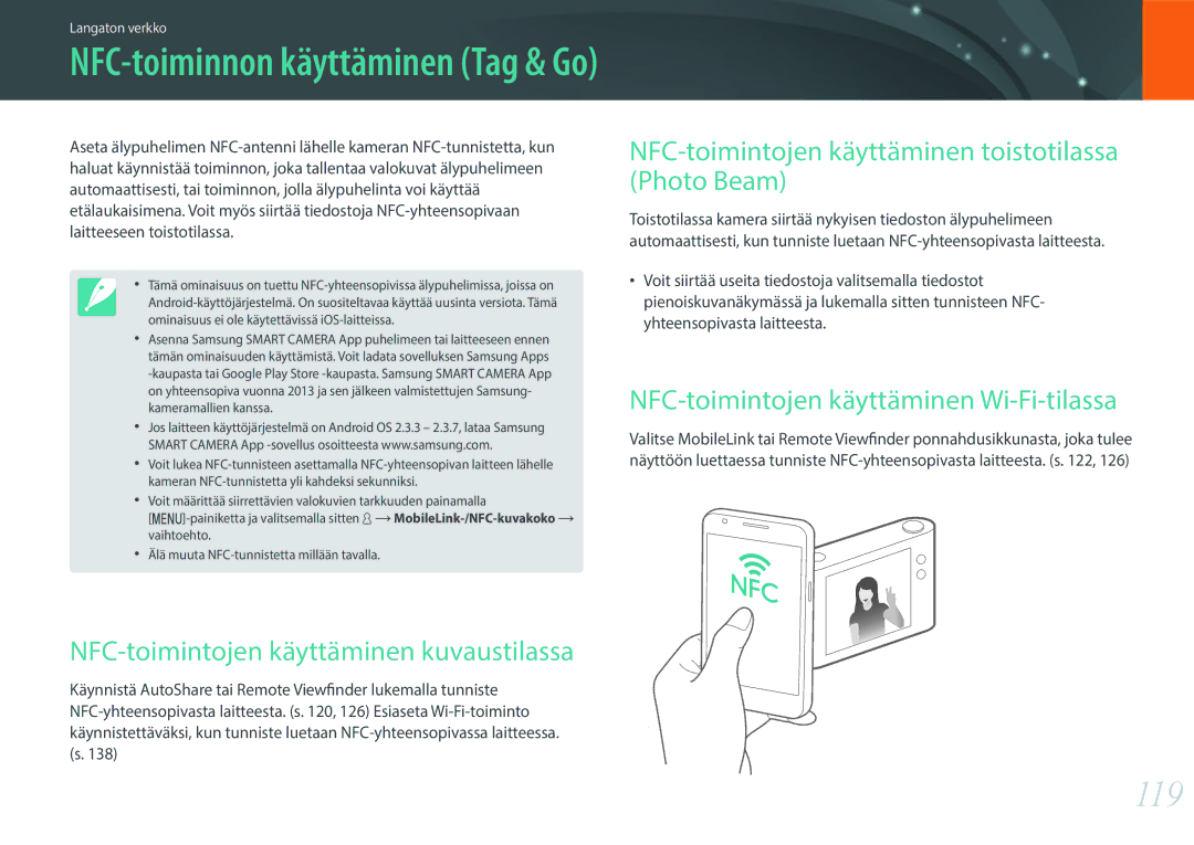 Samsung EV-NX3000BOHSE manual 119, NFC-toimintojen käyttäminen kuvaustilassa, NFC-toimintojen käyttäminen Wi-Fi-tilassa 
