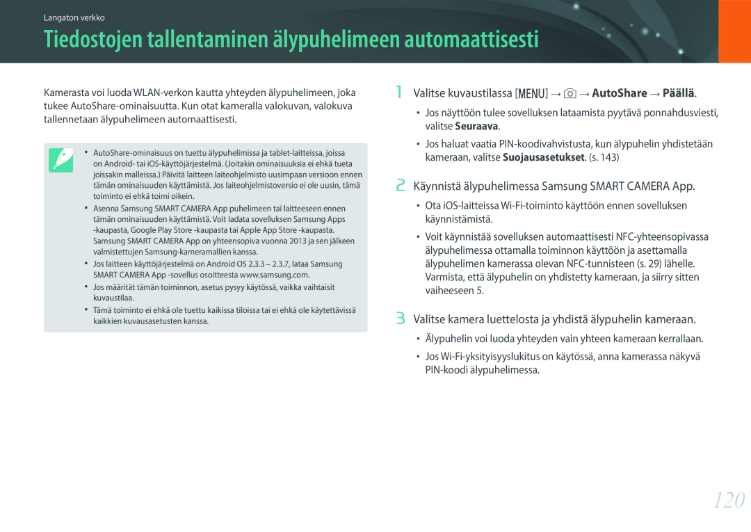 Samsung EV-NX3300BOBSE, EV-NX3000BOHSE, EV-NX3000BOJDK manual Tiedostojen tallentaminen älypuhelimeen automaattisesti, 120 