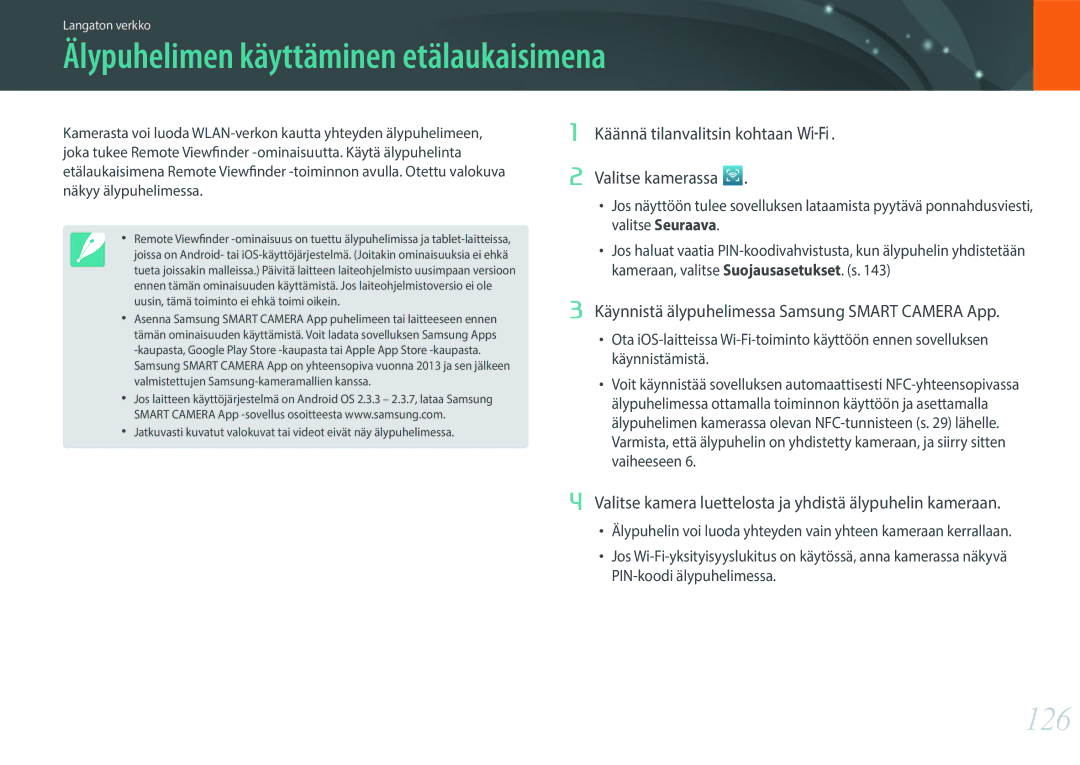 Samsung EV-NX3000BOIDK, EV-NX3000BOHSE, EV-NX3300BOBSE, EV-NX3000BOJDK manual Älypuhelimen käyttäminen etälaukaisimena, 126 