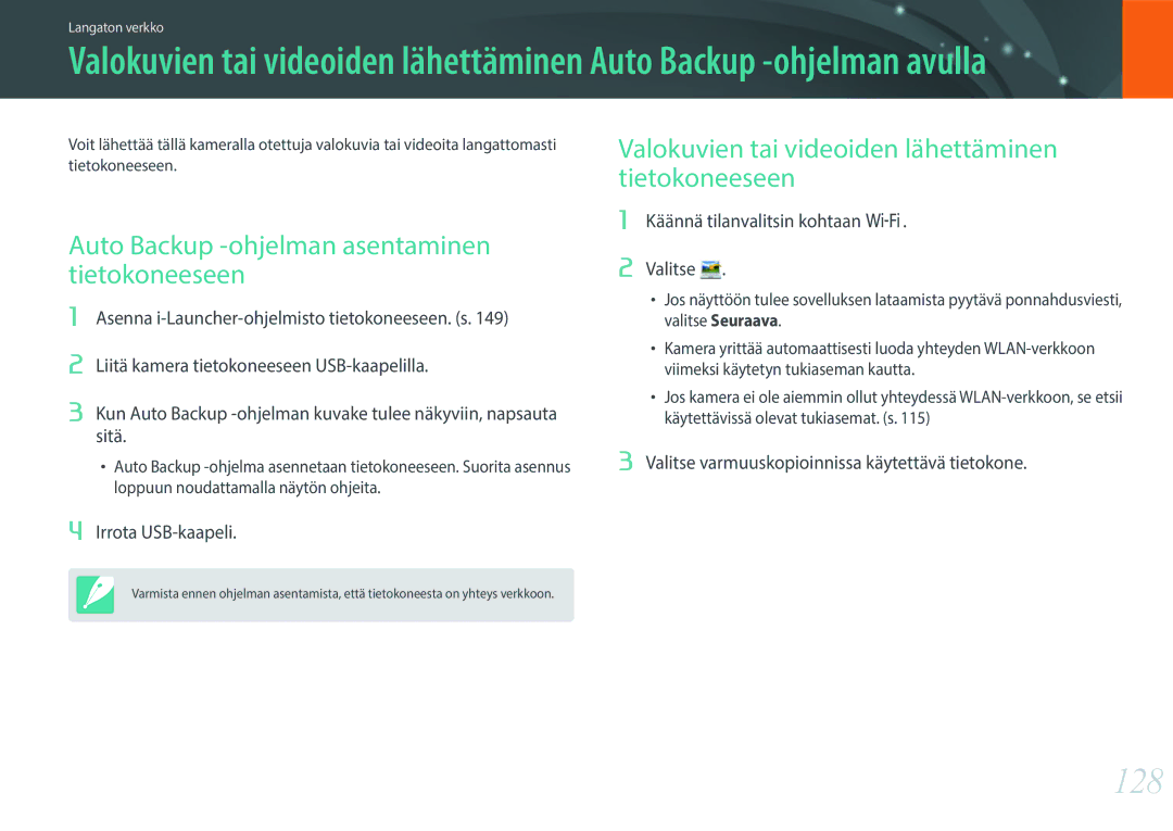 Samsung EV-NX3300BOBDK, EV-NX3000BOHSE, EV-NX3300BOBSE, EV-NX3000BOJDK 128, Auto Backup -ohjelman asentaminen tietokoneeseen 