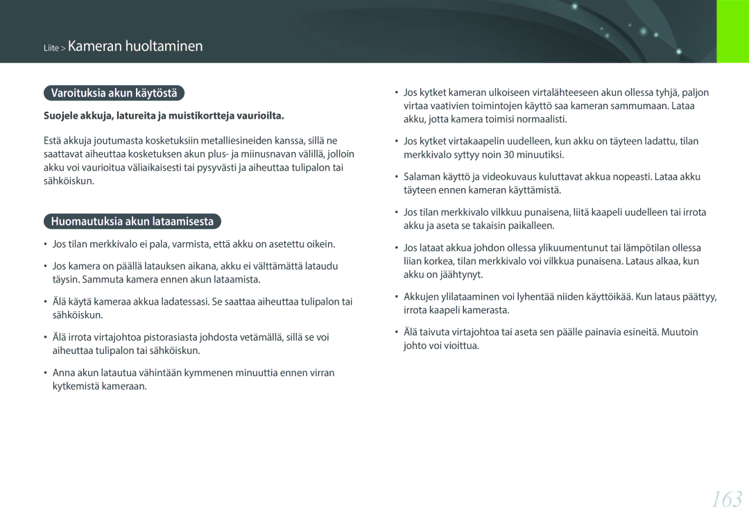 Samsung EV-NX3000BOJSE, EV-NX3000BOHSE, EV-NX3300BOBSE manual 163, Varoituksia akun käytöstä, Huomautuksia akun lataamisesta 