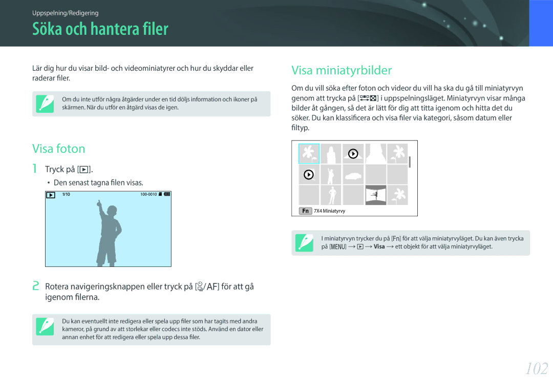 Samsung EV-NX3300BOWDK, EV-NX3000BOHSE manual Söka och hantera filer, 102, Visa foton, Visa miniatyrbilder, Tryck på y 