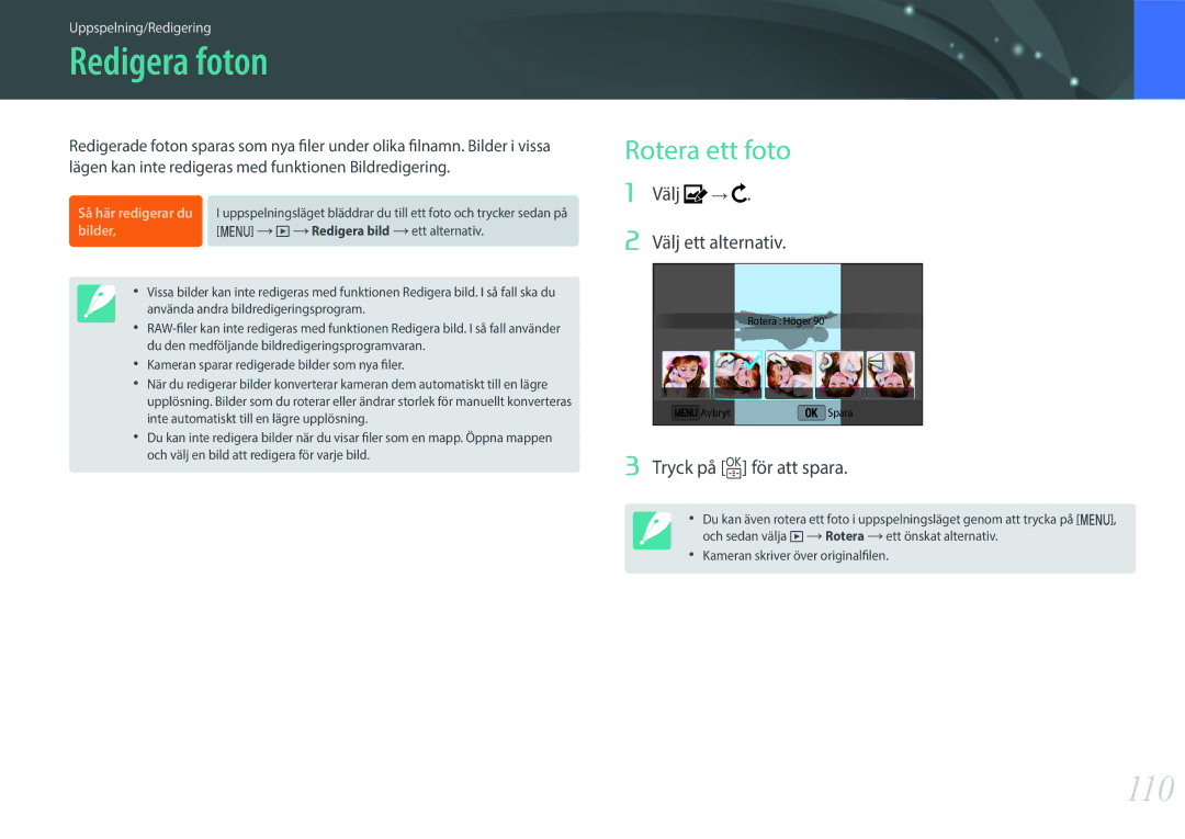 Samsung EV-NX3300BOBSE manual Redigera foton, 110, Rotera ett foto, Välj → Välj ett alternativ, Tryck på o för att spara 