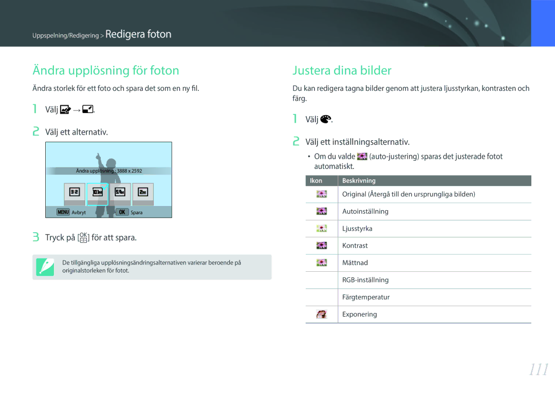Samsung EV-NX3000BOJDK manual 111, Ändra upplösning för foton, Justera dina bilder, Välj Välj ett inställningsalternativ 