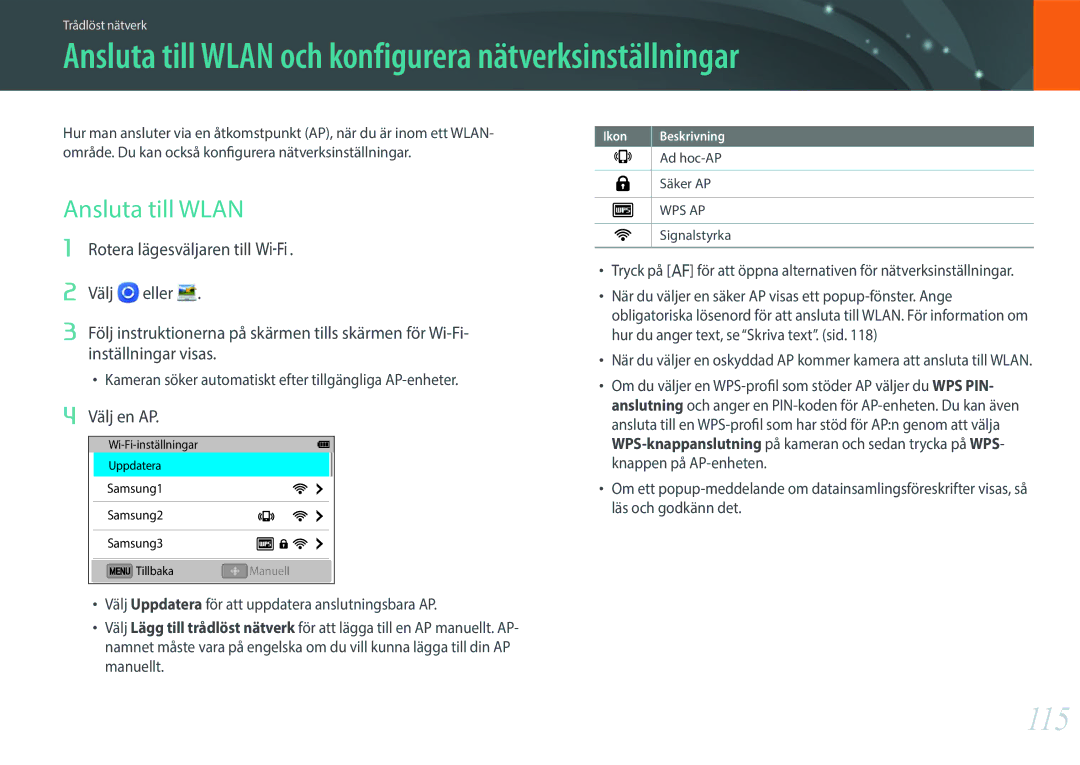 Samsung EV-NX3000BOHDK, EV-NX3000BOHSE manual Ansluta till Wlan och konfigurera nätverksinställningar, 115, Välj en AP 