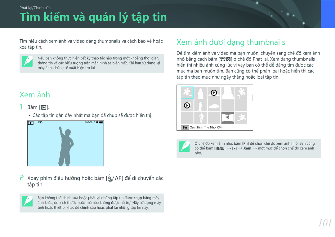 Samsung EV-NX3000BOHVN manual Tìm kiếm và quản lý tập tin, 101, Xem ảnh dưới dạng thumbnails 