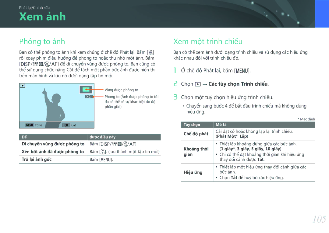 Samsung EV-NX3000BOHVN manual Xem ảnh, 105, Phong to ảnh, Xem một trình chiếu, Chọ̣n một tuỳ chọ̣n hiệu ứng trình chiếu 