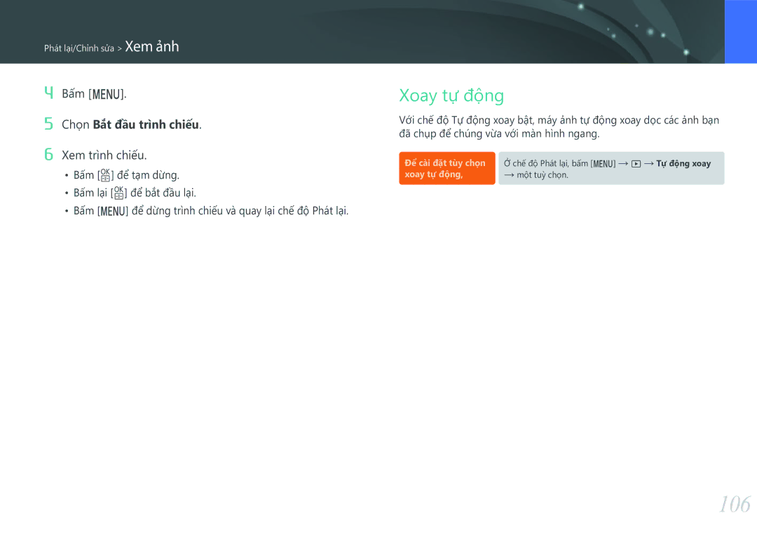 Samsung EV-NX3000BOHVN manual 106, Xoay tự động, Xem trình chiếu 