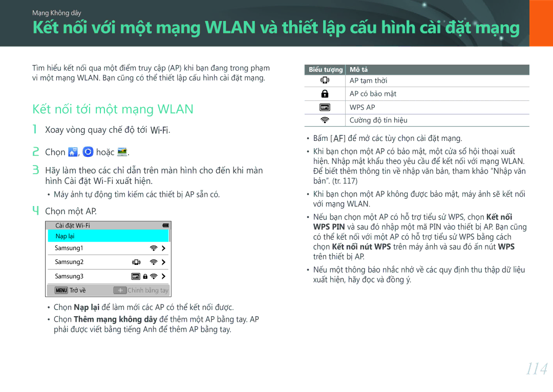 Samsung EV-NX3000BOHVN manual 114, Kết nối tới một mạng Wlan, Chọ̣n một AP, AP tạm thời AP có bảo mật, Cường độ tín hiệu 