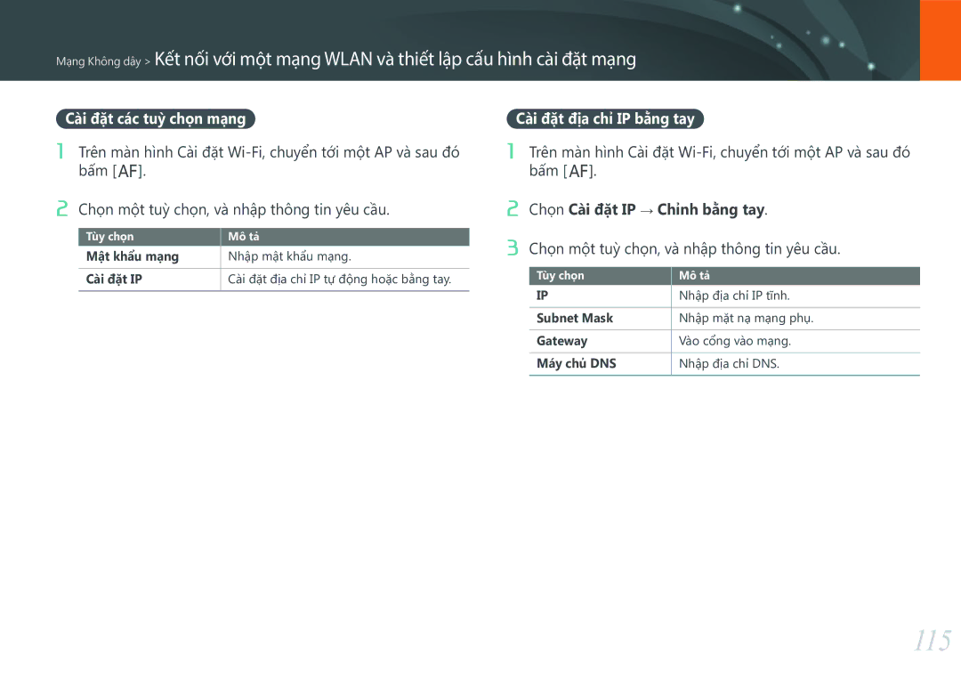 Samsung EV-NX3000BOHVN manual 115, Cài đặt các tuỳ chọn mạng, Cài đặt địa chỉ IP bằng tay, Nhập địa chỉ IP tĩnh 