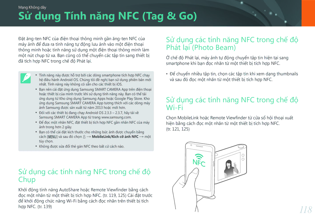 Samsung EV-NX3000BOHVN manual Sử dụng Tính năng NFC Tag & Go, 118, Sử dụng các tính năng NFC trong chế độ Chụp 