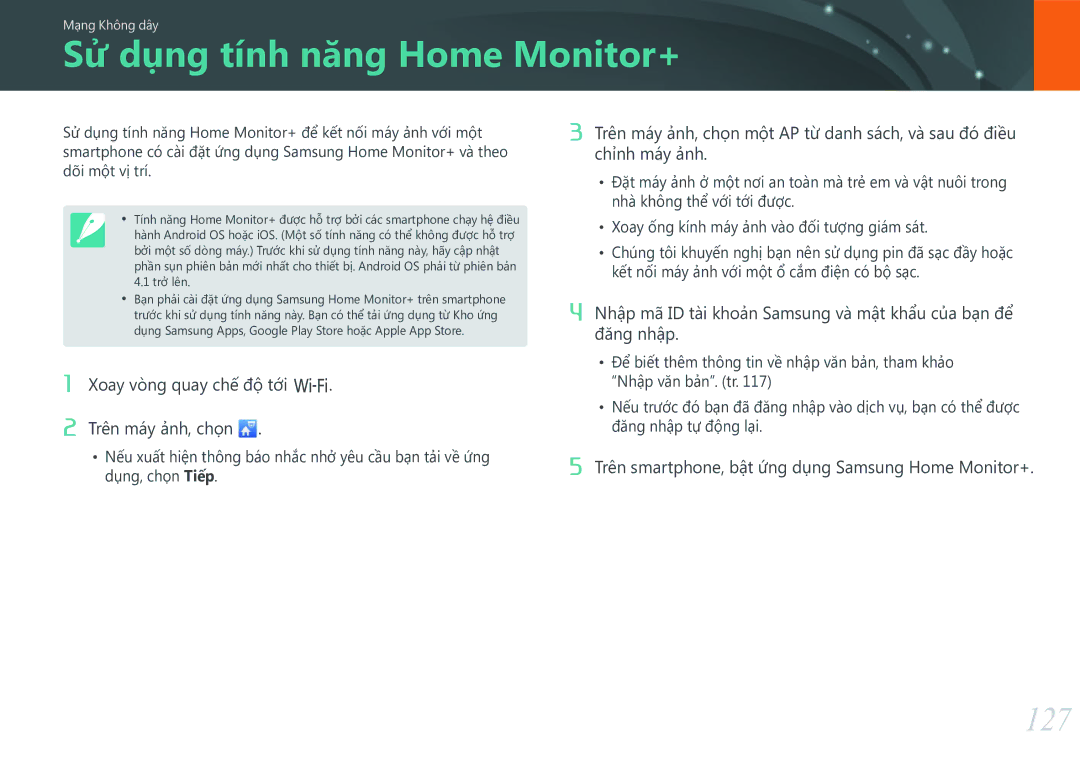 Samsung EV-NX3000BOHVN manual Sử dụng tính năng Home Monitor+, 127, Trên smartphone, bật ứng dụng Samsung Home Monitor+ 