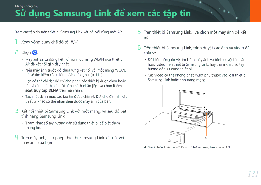 Samsung EV-NX3000BOHVN manual Sử dụng Samsung Link để xem các tập tin, 131, Xoay vòng quay chế độ tới B Chọ̣n 