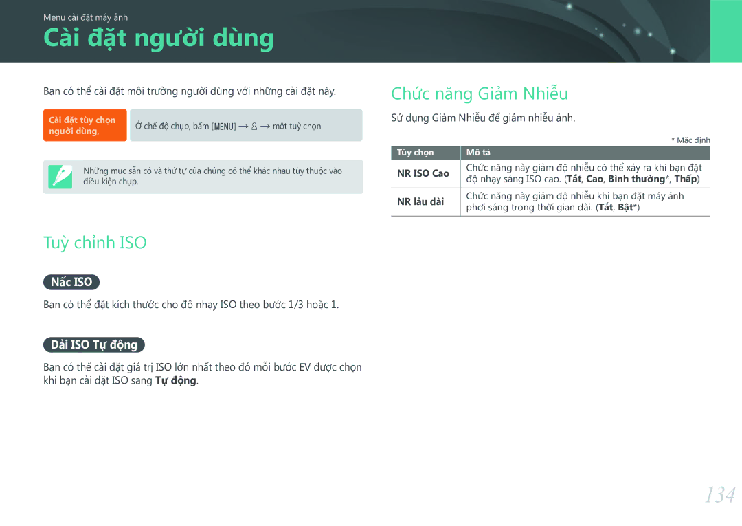 Samsung EV-NX3000BOHVN manual Cài đặt người dùng, 134, Tuỳchinh ISO, Chức năng Giảm Nhiễu 