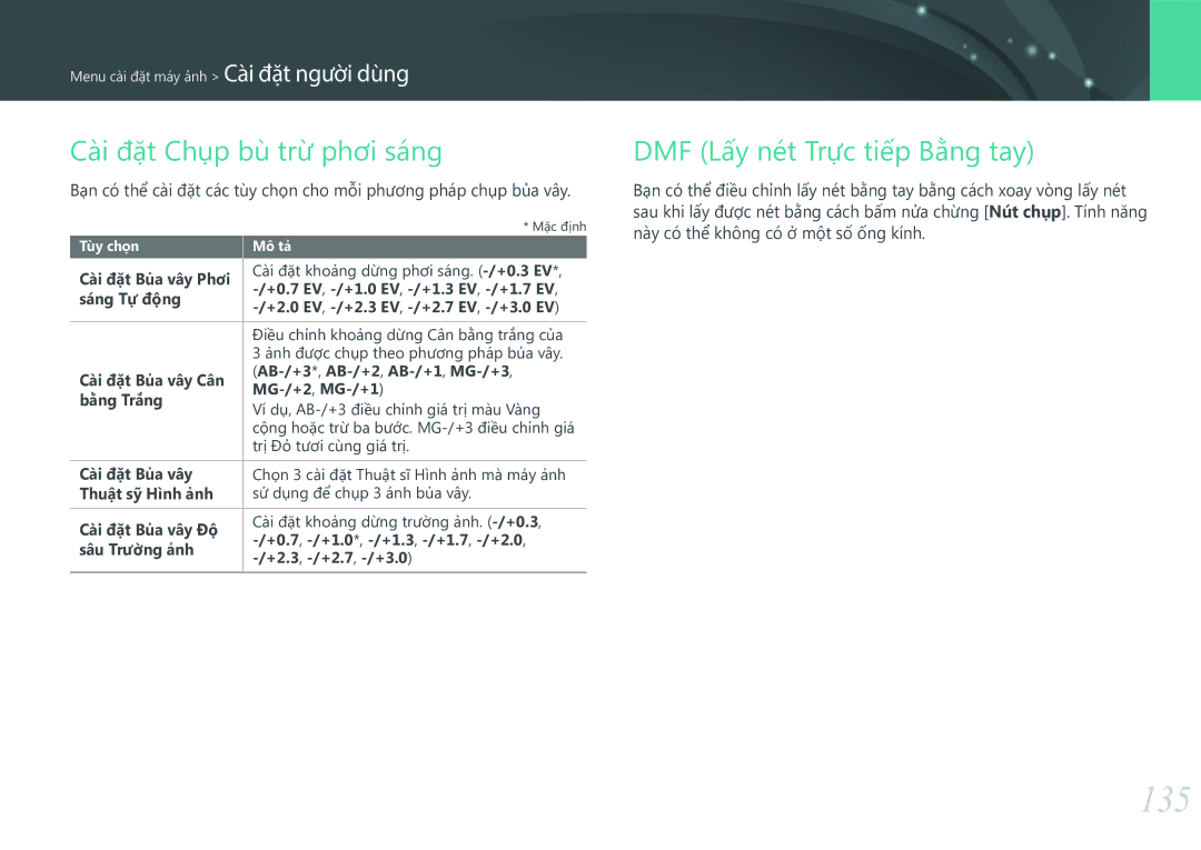 Samsung EV-NX3000BOHVN manual 135, Cài đặt Chụp bù trừ phơi sáng, DMF Lấy nét Trực tiếp Bằng tay 