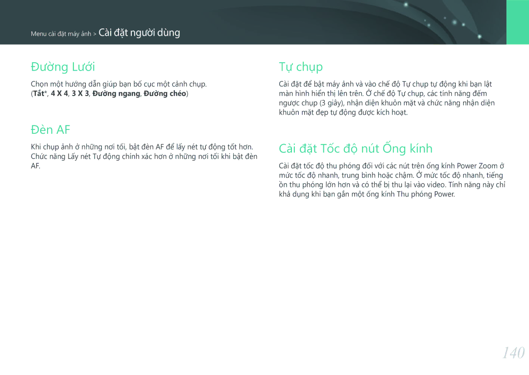 Samsung EV-NX3000BOHVN manual 140, Đương Lươi, Đèn AF, Tự chụp, Cài đặt Tốc độ nút Ống kính 